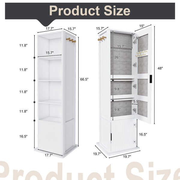 English Elm 360° Rotating Tower Cabinet with Full Length Mirror Open Shelving and Jewelry Storage White W509P456172