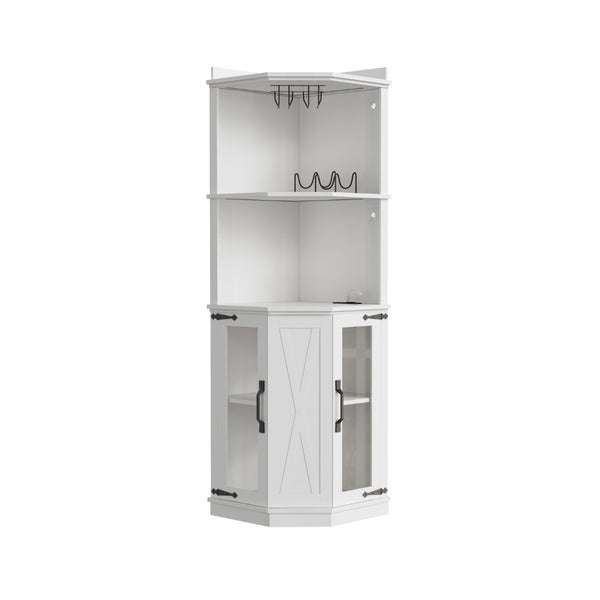 English Elm 67.3" Farmhouse Corner Bar Cabinet Led Lit Wine Storage with Built-in Power Outlets N735P361423K