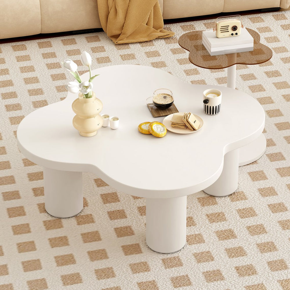 English Elm VIBE Petal-Shaped Modern Coffee Table Set of 2 with Roman Column Legs, Glass Top, Safe Rounded Corners SJ000135AAK