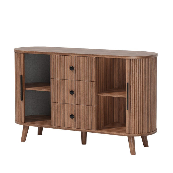 English Elm Sideboard Fluted Credenza with Three Drawers Two Doors Matte Black Modern Storage Walnut T3773P417317
