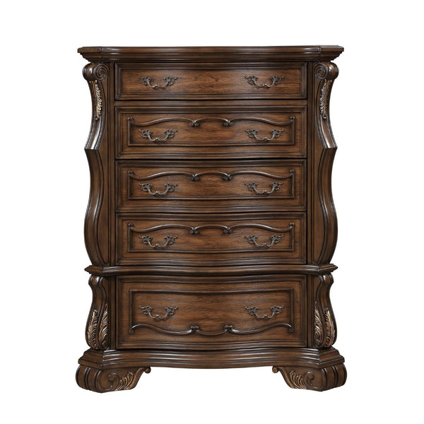 English Elm Formal Burl Veneer Tall Chest with Five Drawers Gold Hardware Dark Brown Bedroom B011P458602