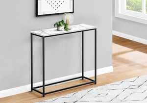 English Elm Accent Table - Modern White Marble-Look Console For Entryways, Living Rooms & Small Spaces, Black Metal B2710P218999