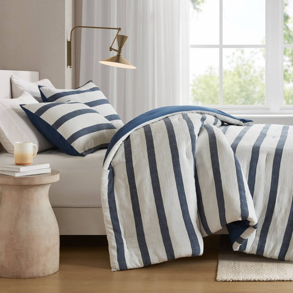 English Elm 3-piece King Yarn-dyed Woven Stripe Comforter Set with Seersucker Texture for Coastal Bedrooms Blue B035P463220