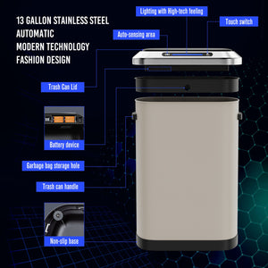 English Elm 50L Smart automatic Trash Can with Silent Slow-Close Lid, Motion Sensor, Durable 0.45mm Steel Body LIGHT GREY W1550P247975