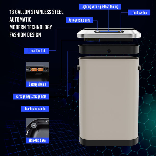 English Elm 50L Smart automatic Trash Can with Silent Slow-Close Lid, Motion Sensor, Durable 0.45mm Steel Body LIGHT GREY W1550P247975