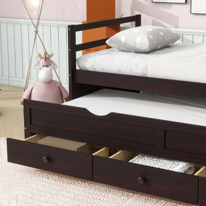 English Elm Twin Twin Size Bed with Trundle and Three Storage Drawers, Space-Saving Pine Frame with Classic Headboard Espresso W504P197165