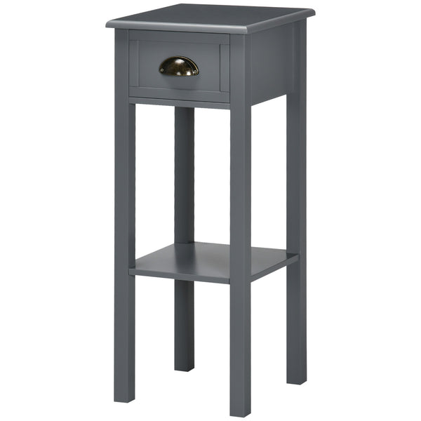 English Elm HOMCOM Narrow 2-Tier Side Table with Drawer and Elevated Shelf — Slim Accent End Table, Sturdy Storage Grey W2225P200908