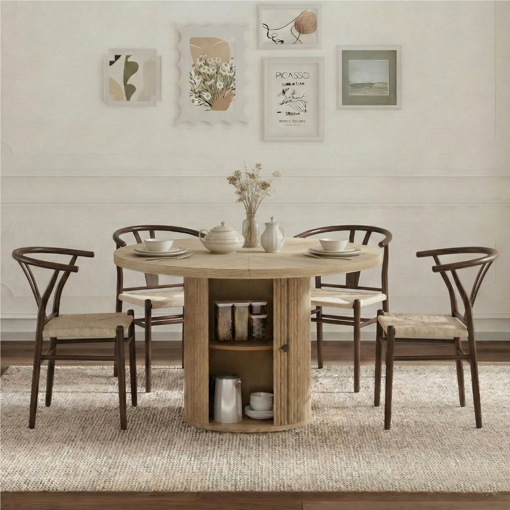 English Elm 4-piece Round Pedestal Dining Set with Woven Wishbone Chairs and Fluted Column Base Walnut,Wood W2920S00142