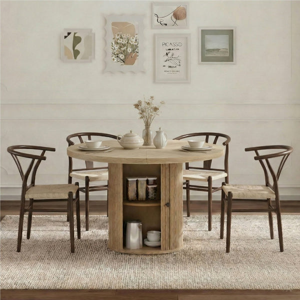 English Elm 4-piece Round Pedestal Dining Set with Woven Wishbone Chairs and Fluted Column Base Walnut,Wood W2920S00142
