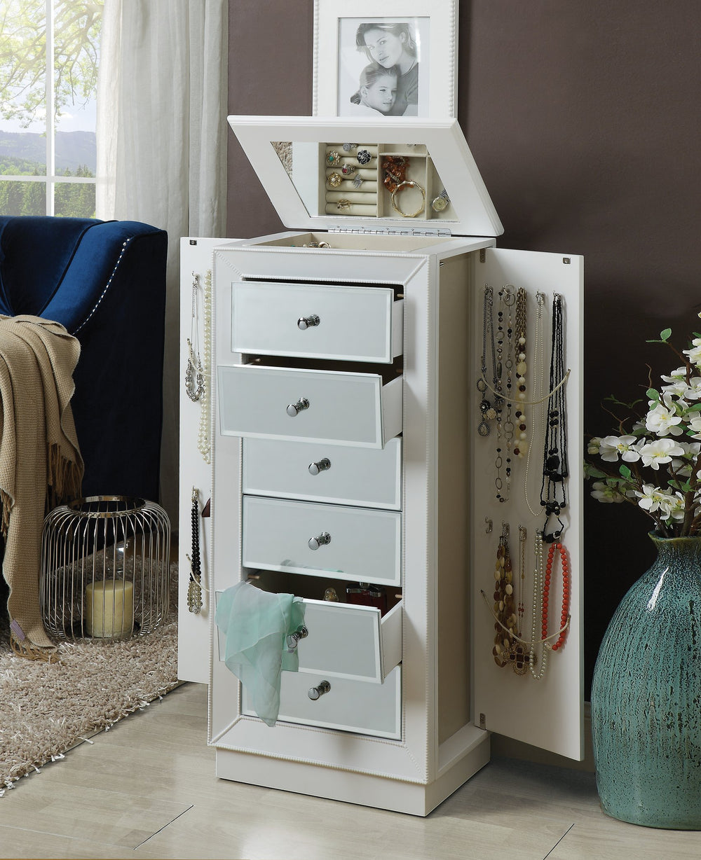 English Elm Talor White Finish Jewelry Armoire with Mirror, Velvet-Lined Drawers, Side Hooks & Anti-Tip Strap B2726P256368