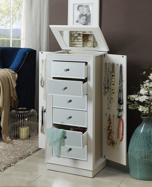 English Elm Talor White Finish Jewelry Armoire with Mirror, Velvet-Lined Drawers, Side Hooks & Anti-Tip Strap B2726P256368