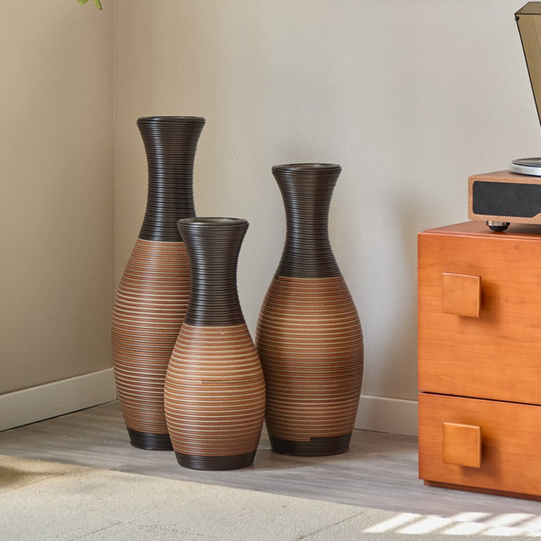 English Elm Set of 3 designer floor vases in Grey+Brown PVC, modern rattan-look tall decor for hallways & living rooms W2796P261496