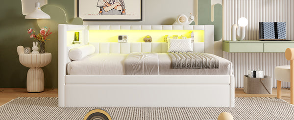 English Elm Upholstered Full Platform Bed with Trundle, Built-In USB Ports & LED Accent, Linen Upholstery White DL001925AAK