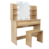 English Elm Vanity Desk Set Stool & Dressing Table With Led Lighting Mirror Drawer and Compartments Modern Wood Cosmetic Table Chest Of Drawers Nature Color