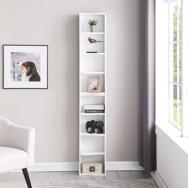 English Elm 8-layer ultra-thin 8-tier tall bookshelf with wavy edge design, space-saving display shelf for home office White W487P339359