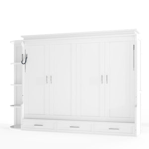 English Elm Queen Murphy Wall Bed with Side Cabinets Open Shelving and Drawers for Studio Rooms White W1580S00452