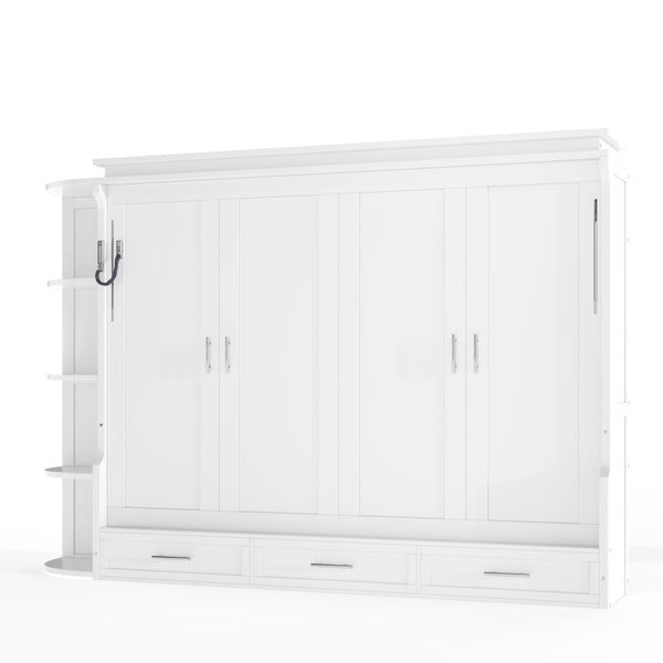 English Elm Queen Murphy Wall Bed with Side Cabinets Open Shelving and Drawers for Studio Rooms White W1580S00452