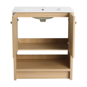English Elm 30" Freestanding Bathroom Vanity with Ceramic Sink, Oak Plywood Finish, Soft-Closing Doors, Open Shelf W1972S00024