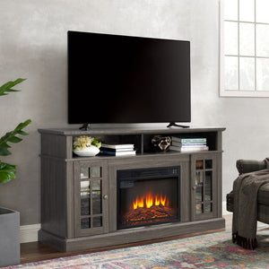 English Elm Classic Fireplace Entertainment Console with Glass Doors and Walnut Finish for Large Tvs W2275S00028
