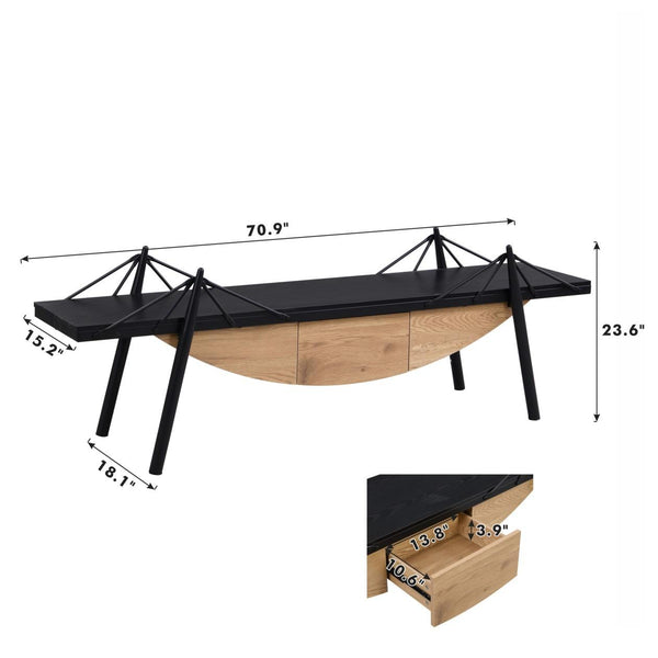 English Elm Sailboat-Shaped Modern TV Stand 70.87" Nautical Media Console with Drawer, MDF Build, Sturdy Metal Support Black W2317P253445