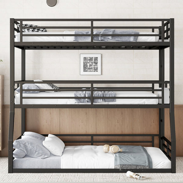 English Elm Full/Full Xl Metal Triple Bunk Bed With Safety Guardrails, Noise-Reduced Design, Black - Perfect For Space-Saving Solutions! W1580S00174