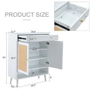 English Elm Modern white storage cabinet with vine rattan design, MDF shoe & bedside organizer, quick assembly, sleek decor W1151P151509