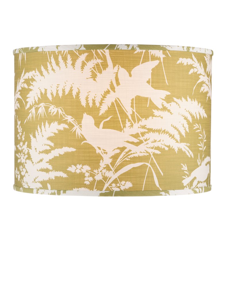 Currey & Company Aviary Drum Lamp Shade – Stunning Fern And Bird Design On Citron Green, Perfect For Brightening Spaces Yellow Cotton 0900-6007-currey-company