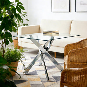 English Elm Dining Table Square Tempered Glass Top Cross Metal Base Modern Space Saving Design W234P235266