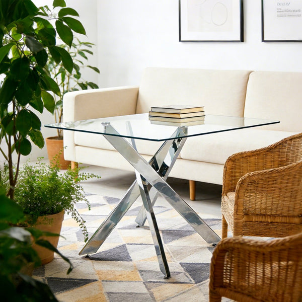 English Elm Dining Table Square Tempered Glass Top Cross Metal Base Modern Space Saving Design W234P235266