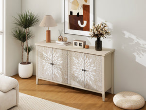 English Elm Sideboard Elegant Floral Handle Buffet Cabinet with 4 Doors, Adjustable Shelves & Reinforced Feet for Dining Room Storage Natural W688P232756