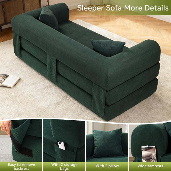 English Elm Convertible Corduroy Sleeper Sofa Queen Fold Out Bed with Dual Storage Pockets Dark Green W3396P483180