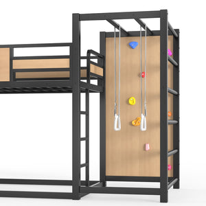 English Elm Twin Metal Loft Bed with Slide Basketball Hoop Climbing Wall and Built-in Shelves W1580S00631
