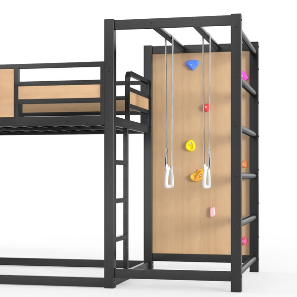 English Elm Twin Metal Loft Bed with Slide Basketball Hoop Climbing Wall and Built-in Shelves W1580S00631