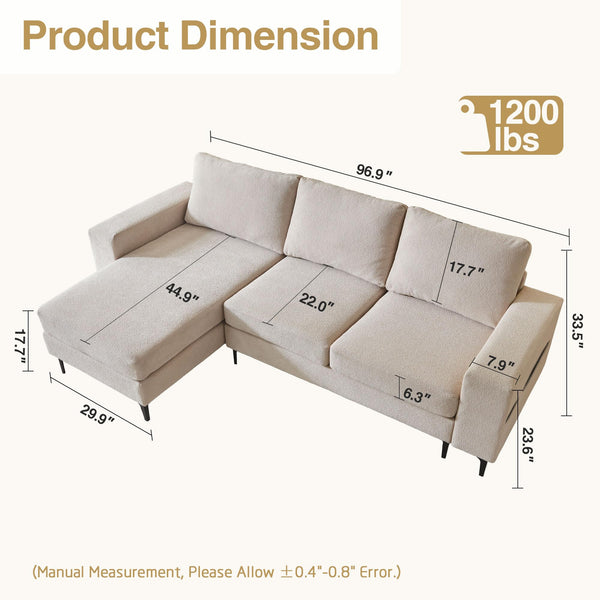 English Elm 97" Convertible L Shaped Sectional Sofa with Corduroy Upholstery, Left Chaise, Durable Cozy Beige W791P241213