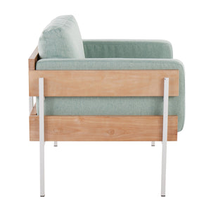 English Elm Kari Farmhouse Accent Chair with White Metal Frame, Natural Wood Panel and Plush Light Fabric Cushions Green B202S01296