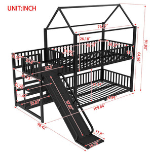 English Elm Full Metal House Bunk Bed with Slide Storage Stairs and Safety Rails for Kids W1580S00344