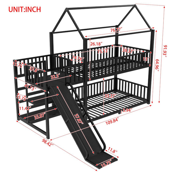English Elm Full Metal House Bunk Bed with Slide Storage Stairs and Safety Rails for Kids W1580S00344
