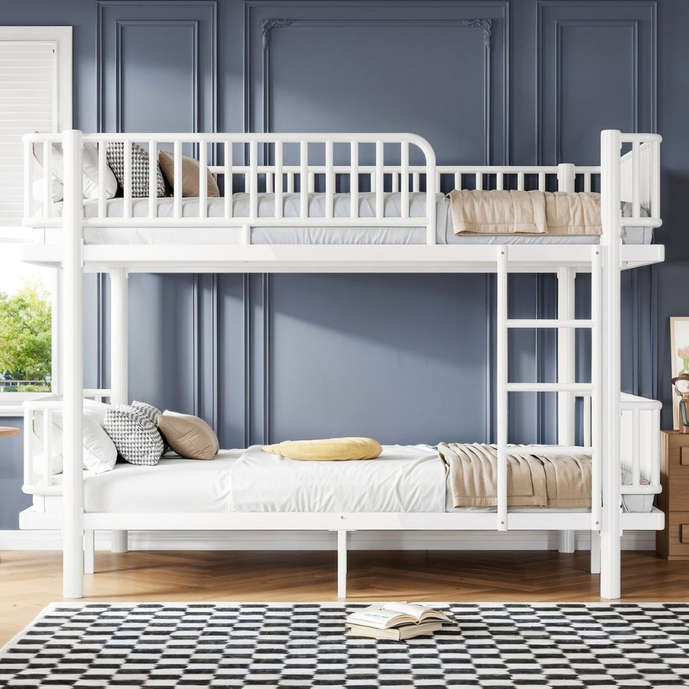English Elm Queen Over Metal Bunk Bed Convertible Platform Frame with Safety Guardrails Light White W5305S00064