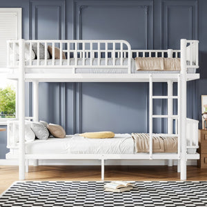 English Elm Queen Over Metal Bunk Bed Convertible Platform Frame with Safety Guardrails Light White W5305S00064