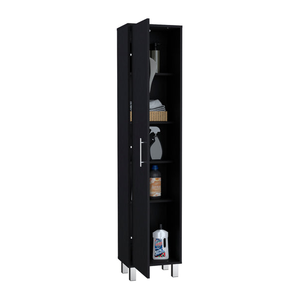 English Elm Laska 70" Tall Storage Cabinet Broom Closet in Black – 5 Shelves, Broom Hanger, Space-Saving Organizer B200P240253