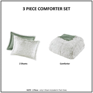 English Elm 3 Piece Shaggy Faux Fur Comforter Set Plush Lodge Style Hypoallergenic Bedding White+Green B035P319584