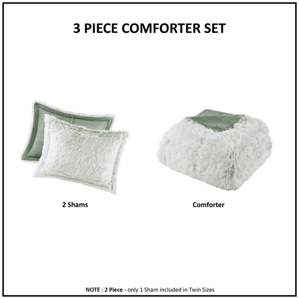 English Elm 3 Pcs King/Cal King Shaggy Faux Fur Comforter Mini Set - Luxurious Green/White Cozy Bedding Ensemble B035P319585