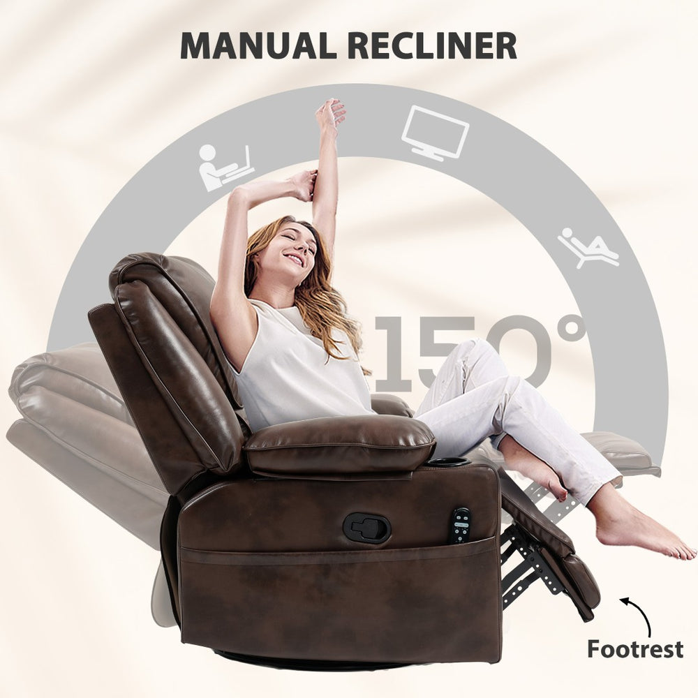 English Elm Massage Recliner Swivel Rocker with Heat Lumbar Support Pu Leather Oversized Lounge T3971P405839