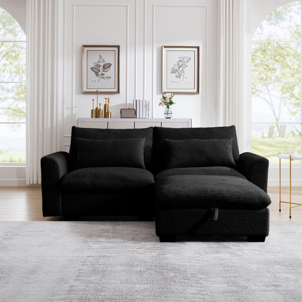 English Elm Sectional Corduroy Sofa Sleeper with Storage Ottoman, Deep 2-Seat Modular Couch, Cozy Pillows, Black W714S00848