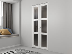 English Elm 30 in Matte Mdf Bi-fold Door with Frosted Glass Panels Hardware and Handle Included B2763P483198