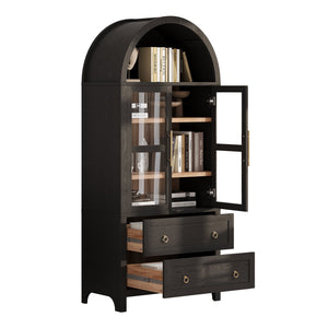 English Elm K&K 71" Arched Kitchen Pantry Cabinet with Glass Doors, Adjustable Shelves, Soft-Close Drawers Black N707P288972B
