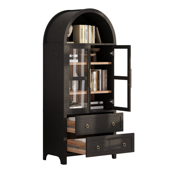 English Elm K&K 71" Arched Kitchen Pantry Cabinet with Glass Doors, Adjustable Shelves, Soft-Close Drawers Black N707P288972B