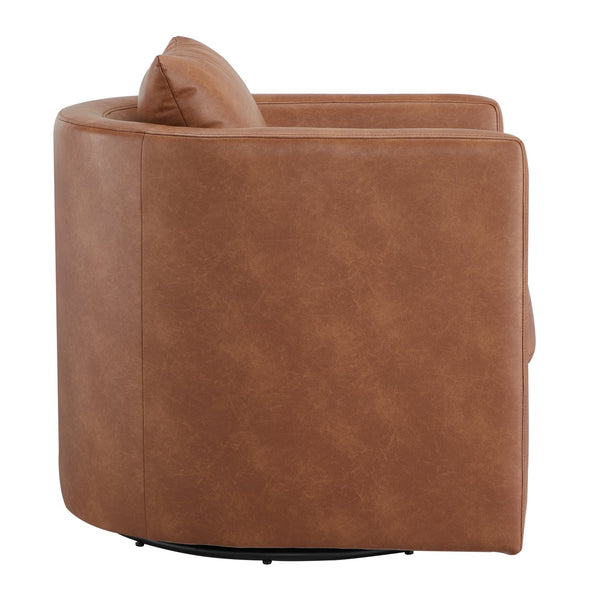English Elm Sutton Ultra-Soft Faux Leather Swivel Barrel Chair in Brown — Stain-Resistant, Reversible Cushions, 360° Comfort B050P322591