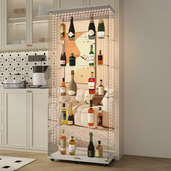 English Elm Tempered Glass Display Cabinet With Bluetooth Led Lights, Lockable Door, Mirrored Back - White Elegance W3155S00018-GIGA