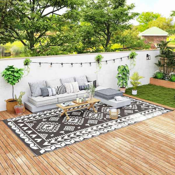 English Elm Outsunny Reversible Polypropylene Outdoor Rug Waterproof Patio Camping Mat with Carry Bag Black W2225P485552